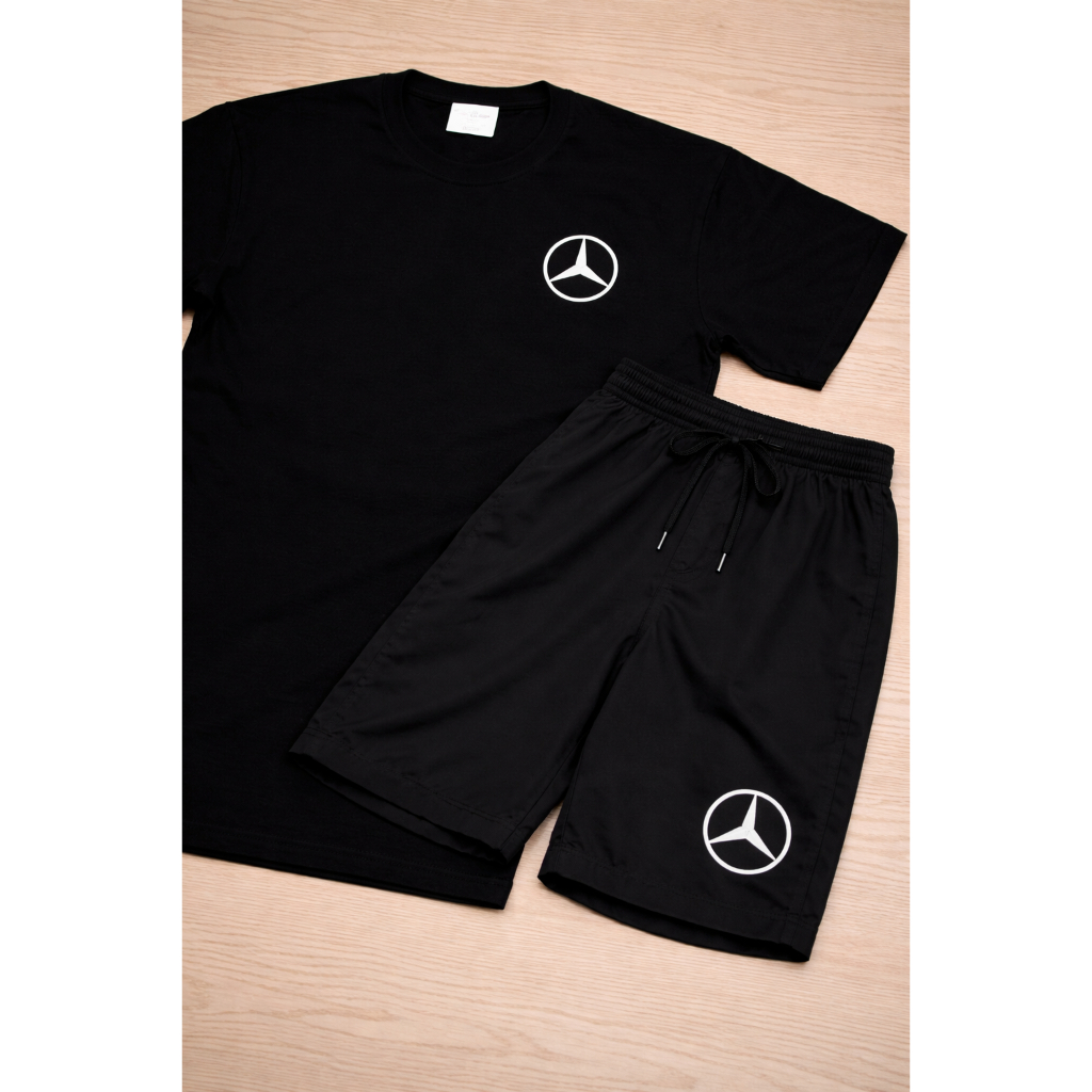 Conjunto Kit camiseta 100% algodão 30,1 bermuda leve para caminhada e academia MERCEDEZ CARRO + RELOGIO DIGITAL