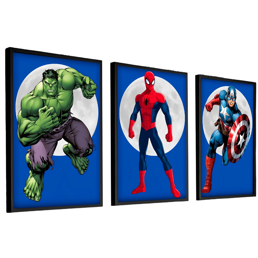 Kit 3 Quadros Decorativos Para Sala Quarto Promoção Marvel Vingadores Homem Aranha Hulk Capitão América em Oferta na Shopee