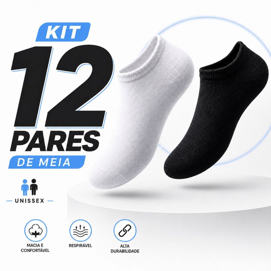 Kit 3 6 12 18 Pares Meia Soquete Unissex Cano Curto Algodão Confortável Respirável Preto Branco