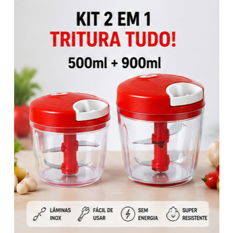 Kit Triturador Manual 500ml e 900ml 5 Lâminas Inox | Processador Alimentos Alho Cebola Cozinha
