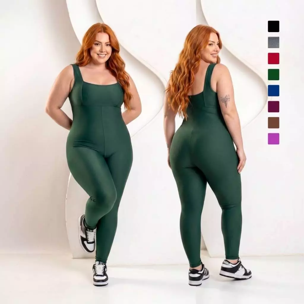 Plus Size Macacão Longo Zero Transparência Fitness Premium Legg Feminino Academia Treino Bojo Removível Conjunto