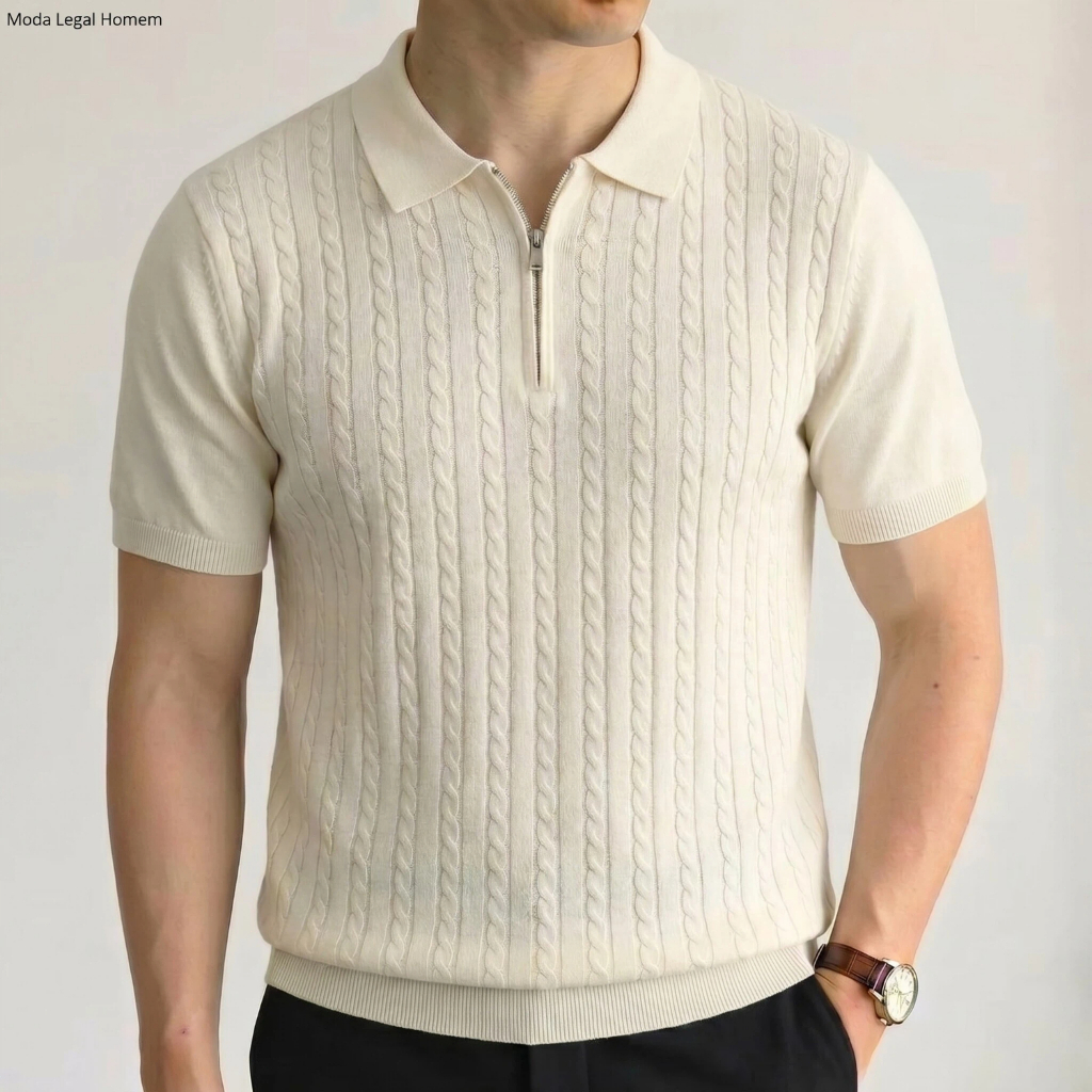 Camisa Polo Masculina Tricô Texturizada Meio Zíper | Moda Legal Homem | Premium Executivo