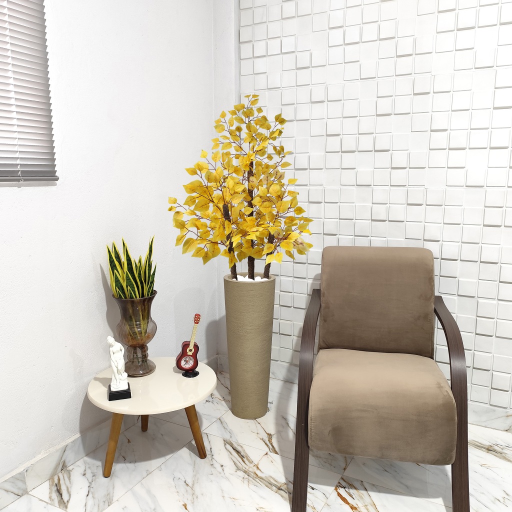 Planta Artificia Fícus Amarelo Vaso Grafiato Mármore Pedra
