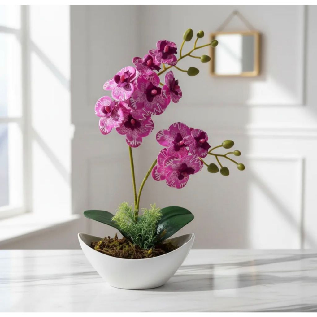 Arranjo de Orquídea Artificial Rosa em Vaso Branco Decorativo Planta Permanente Realista para Sala