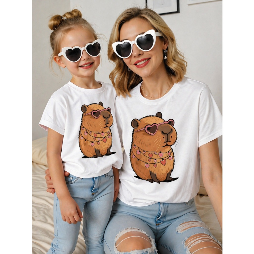 Detalhes do Kit Camiseta Mãe e Filha Combinando Estampa Capivara Fofa Tendencia