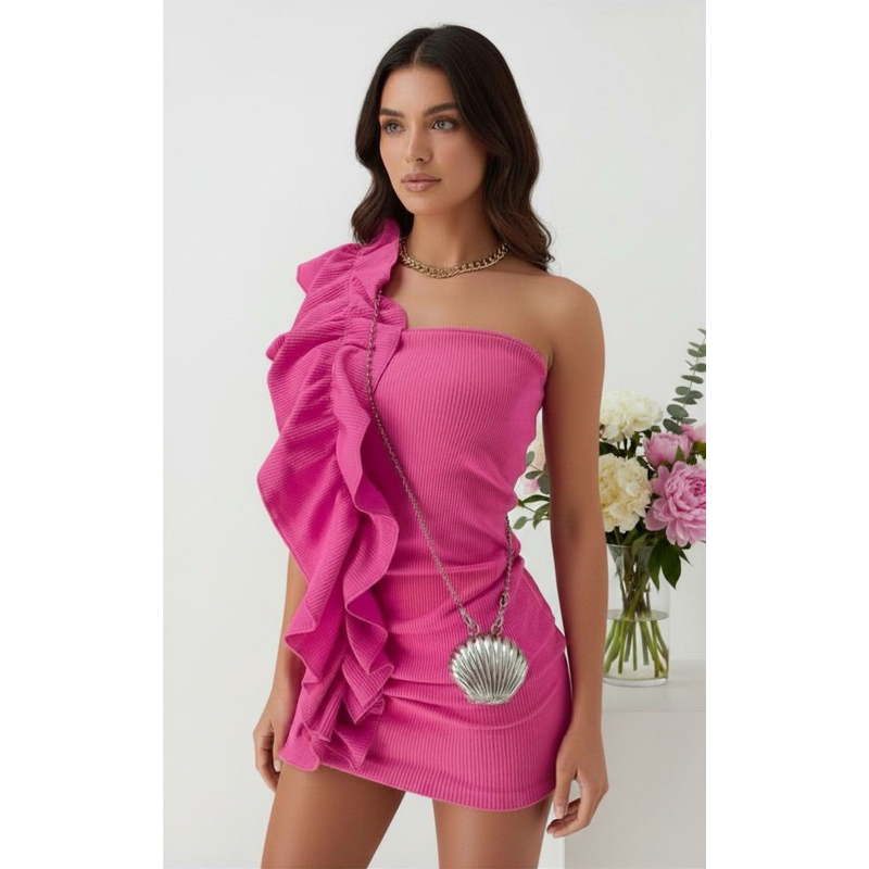 Vestido babado Paty tendência elegante malha canelada premium