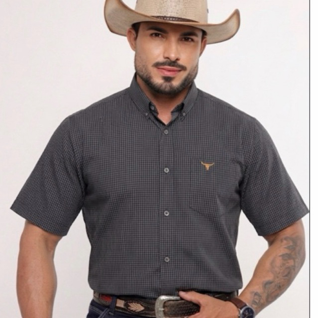 Camisa Xadrez Cowboy Western Premium Confort Manga Curta Botao na Gola Americana Bordado Envio Imediato