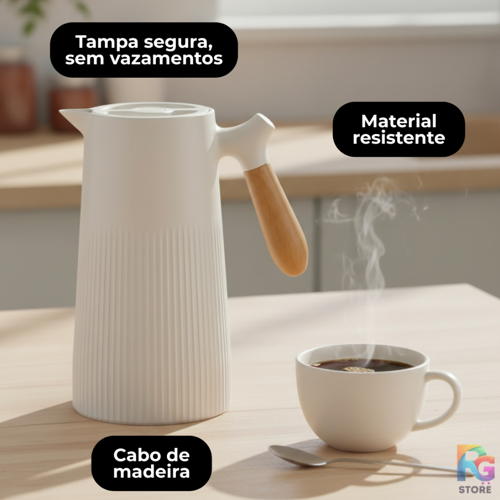 Detalhes do Garrafa Térmica Nórdica Chá Café 1Litro Cabo de Madeira Luxo