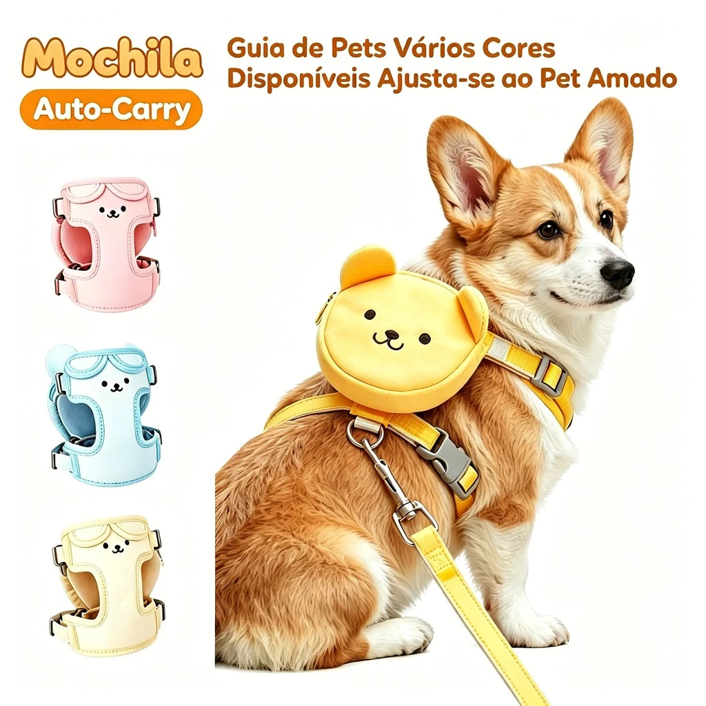Coleira Guia Peitoral com Mochila Ursinho Para Cães e Gatos Pequenos c/ Forro Interno e Tamanho Ajustável P, M, e G e GG