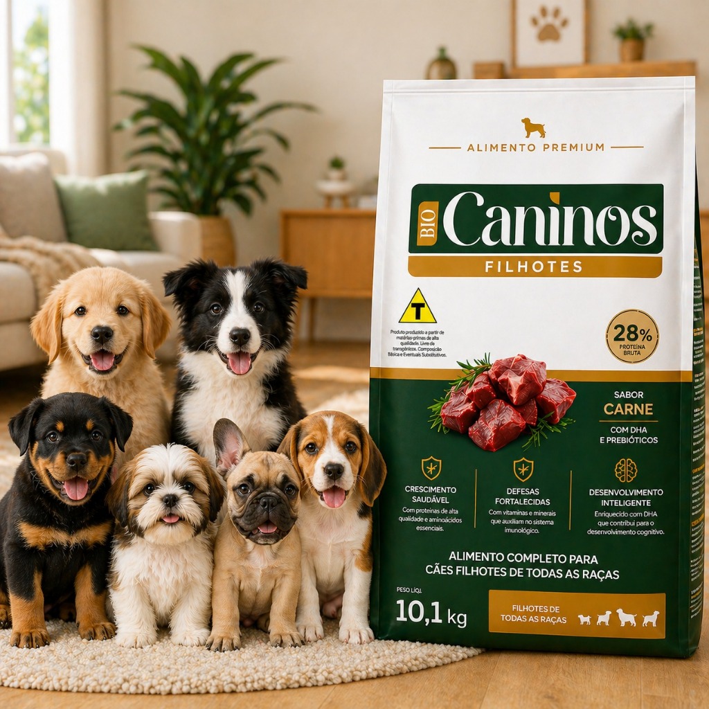 Ração Cachorro Filhote 10kg Caninos Premium Sabor Carne 28% Proteína