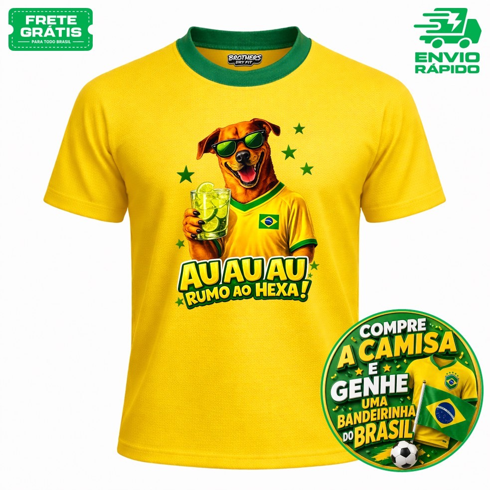 Camisa Camiseta Dry Fit Masculina do Brasil Amarela CARAMELO RUMO AO HEXA Futebol Torcedor 2026