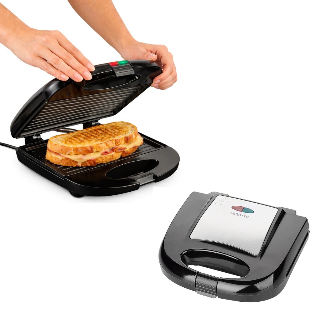 Sanduicheira Elétrica Inox Grill -127V Antiaderente Agratto - Envio imediato