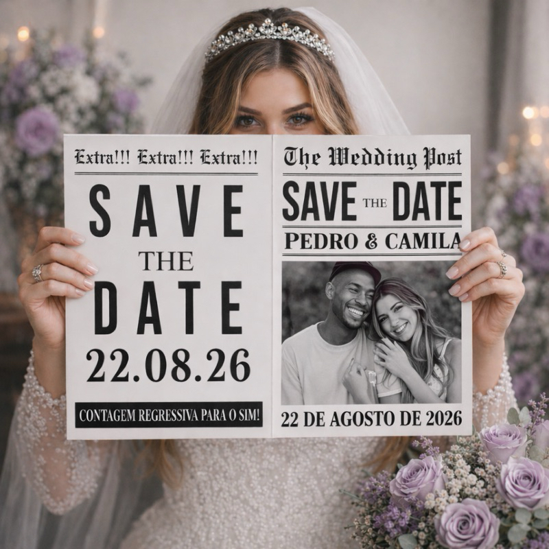 2 Jornais Personalizados para Pré Wedding, Casamento, Formatura, Chá de Bebê, Eventos Jornal dos Noivos Save The Date A3
