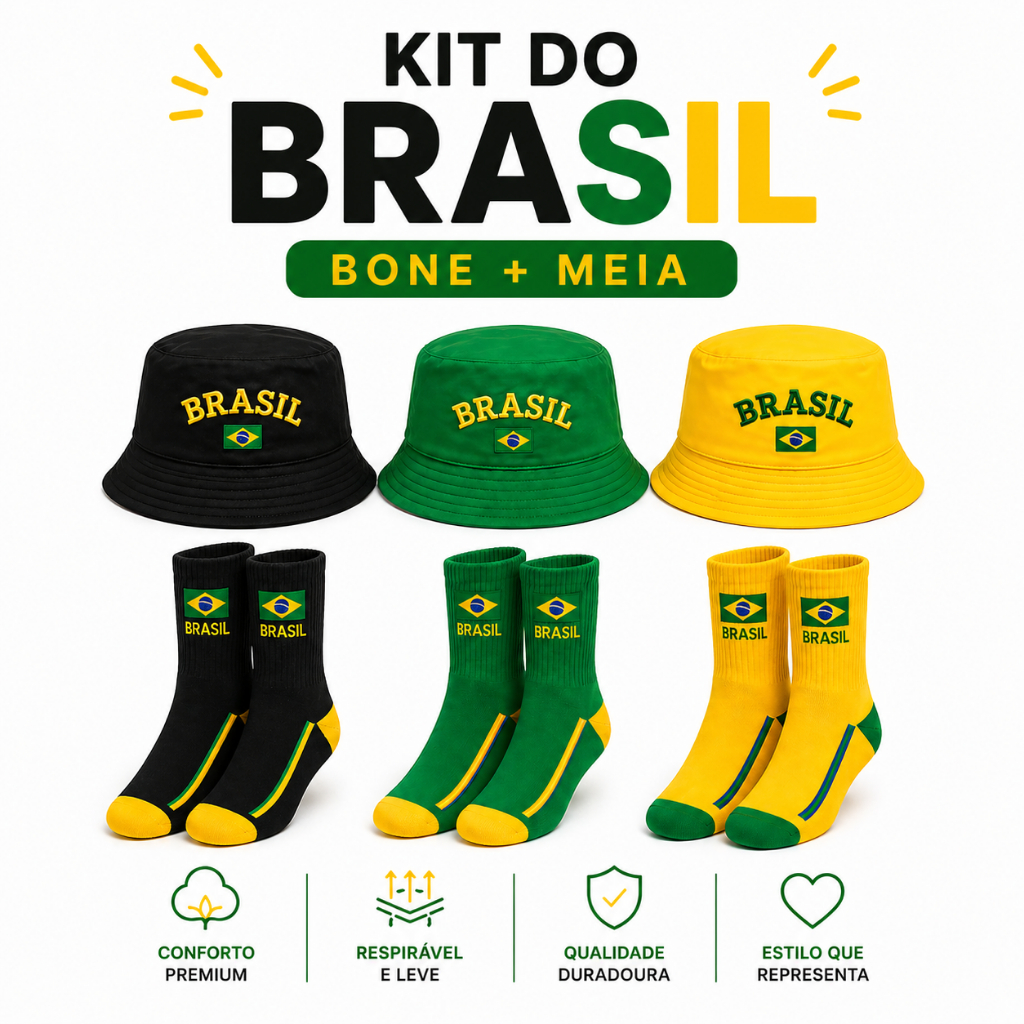 Kit Brasil Meia Cano Longo + Chapéu Bucket Hat Copa do Mundo 2026 | Envio Imediato