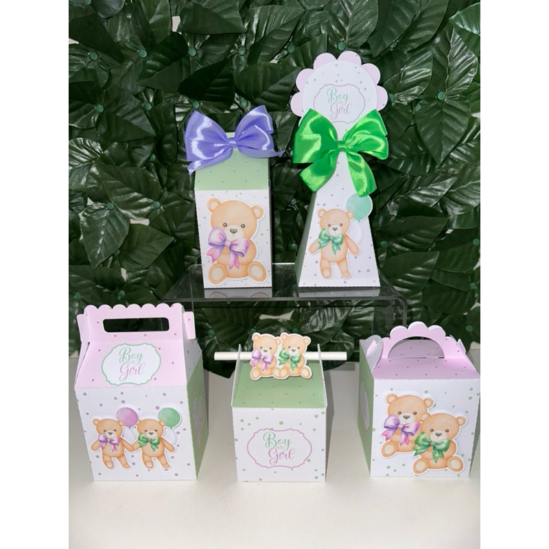 Kit Festa Chá Revelação Bebê Ursinho Verde e Lilás - Lembrancinha - Aniversário - Caixa Mimos - Milk