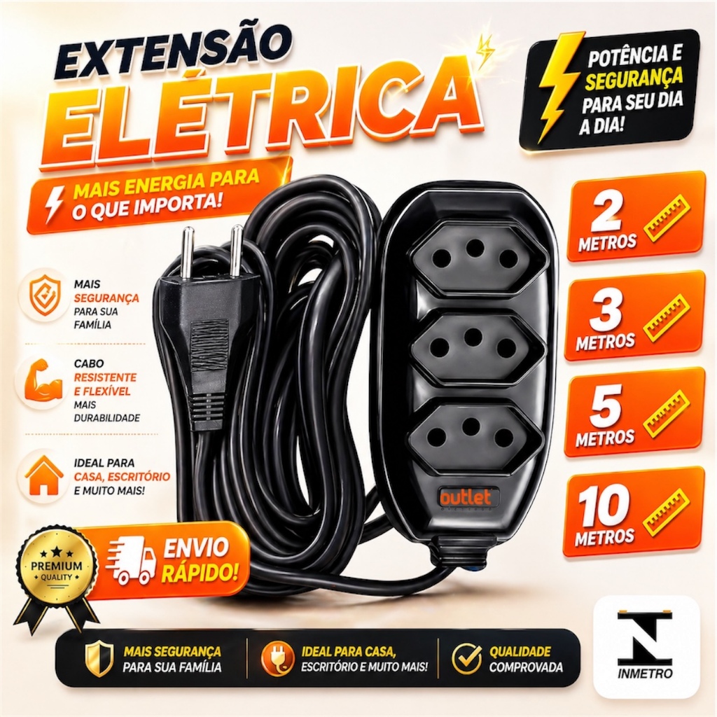Extensão Elétrica Preta Bivolt 110/220 10A Tomada Tripolares Resistente Compacta 2/3/5/10 Metros