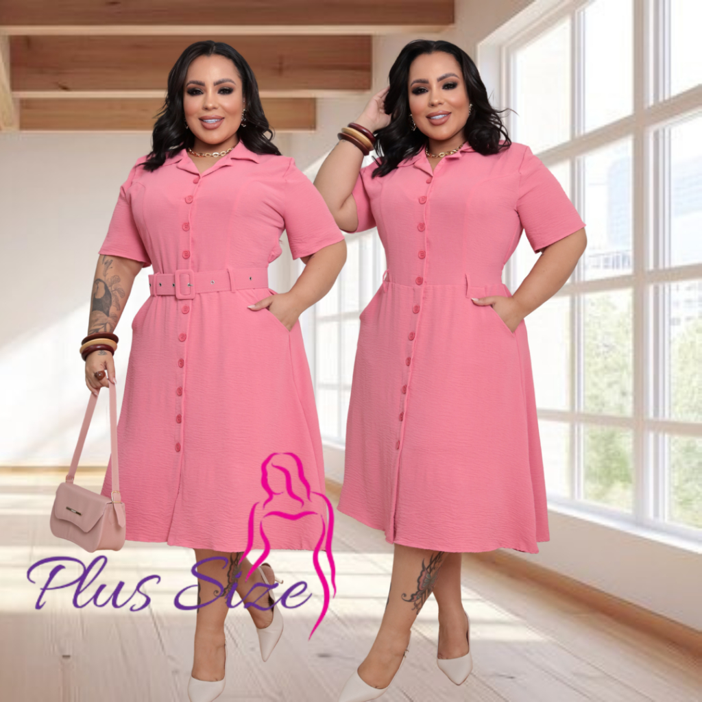 Vestido Midi Chemise Duna Feminino Plus Size Manga Curta com Cinto Incluso Evangélico Elegante