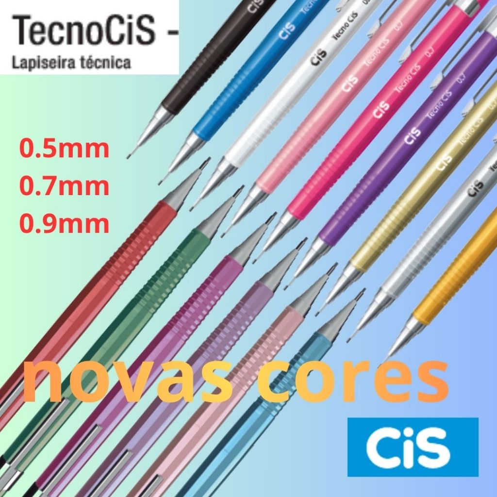 Lapiseira Tecnica Profissional Tecnocis 0.3 0.5 0.7 0.9mm cores básicas, metálicas e noen