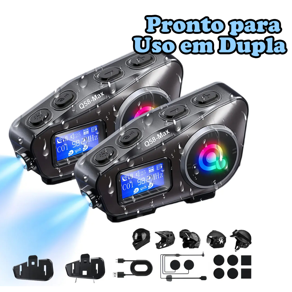 Intercomunicador Q58Max Bluetooth 5.3 Moto IPX6 Prova D'água Com Visor LCD Luz RGB Pronta Entrega BR