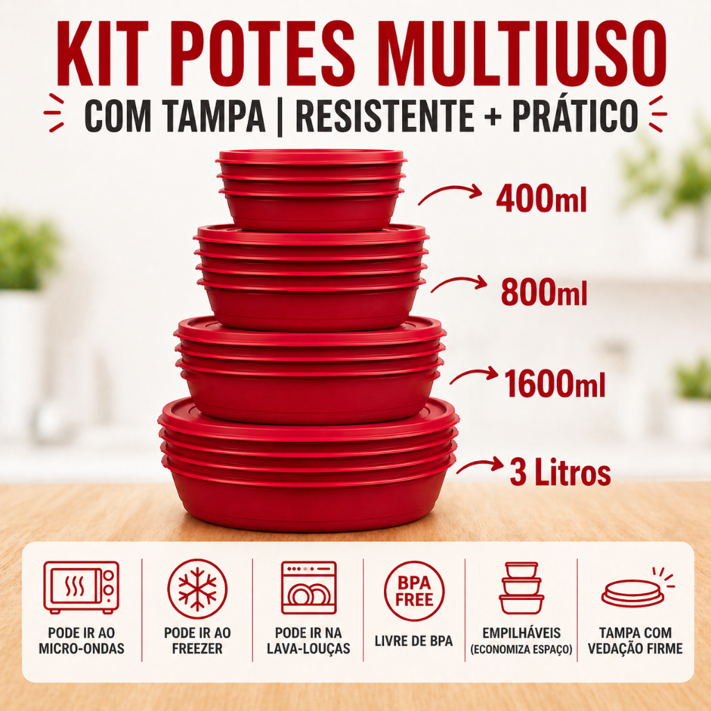 Kit 16 Potes Cozinha Herméticos BPA FREE para Armazenamento de Alimentos Freezer