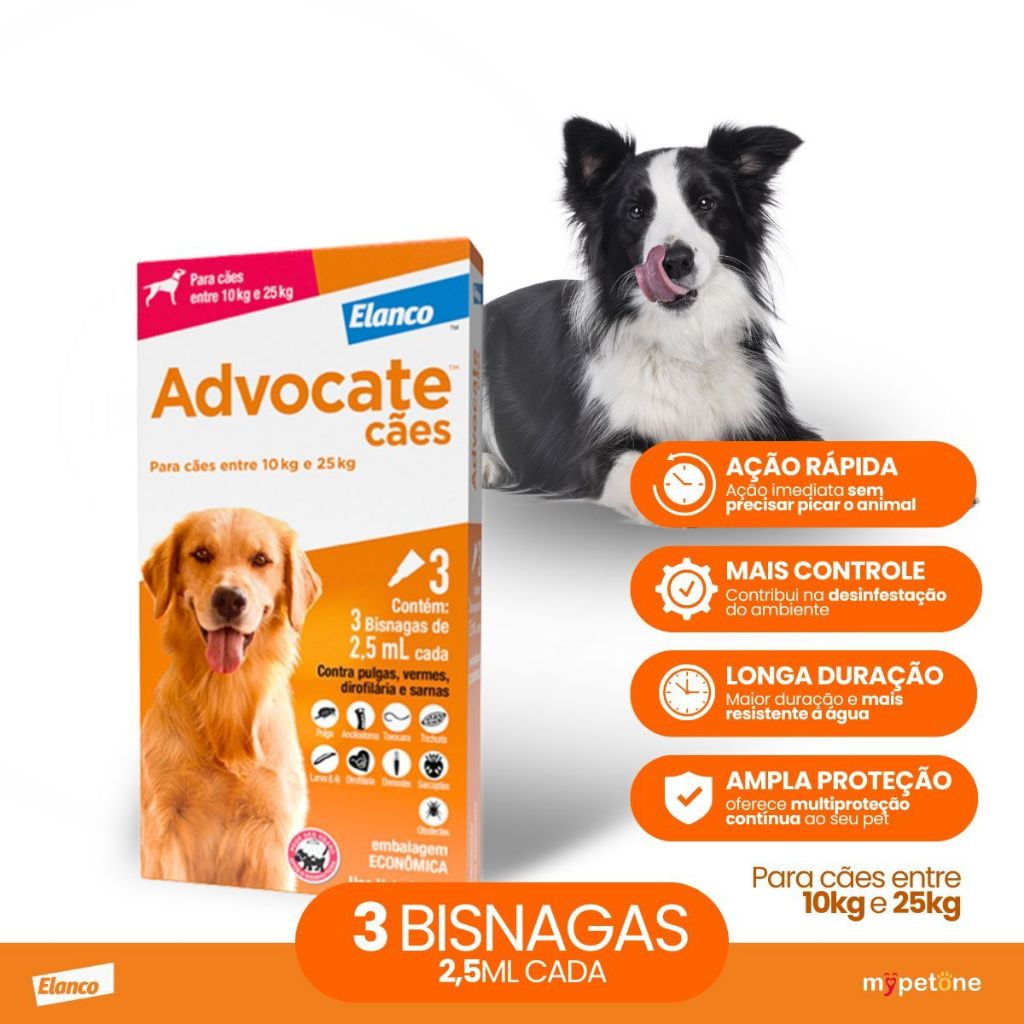 Advocate Elanco 2,5 mL para Cães de 10Kg até 25Kg - 3 Bisnagas