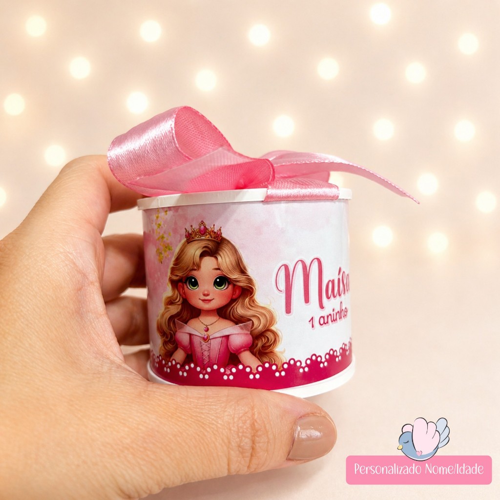 KIT TUBOLATA PERSONALIZADA 5X6-BELA ADORMECIDA CUTE-AURORA-LEMBRANCINHAS-CHÁ DE BEBE-MATERNIDADE-ANIVERSÁRIO