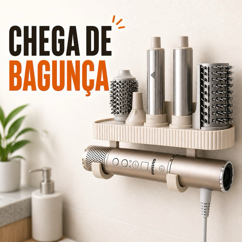 Suporte para Secador de Cabelo Parede 4 em 1 Organizador Banheiro Porta Escova