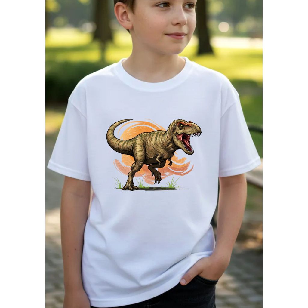 Camiseta Infantil Estampada, Camisa Branca  - T-Rex Dinossauro