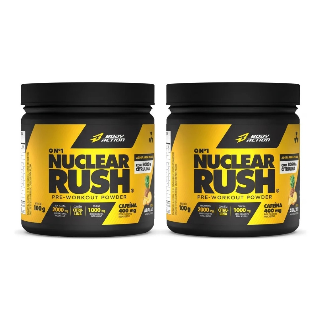 Kit 2x Nuclear Rush 100g Bodyaction Pré Treino Cafeína Energia Foco Força Resistência Desempenho