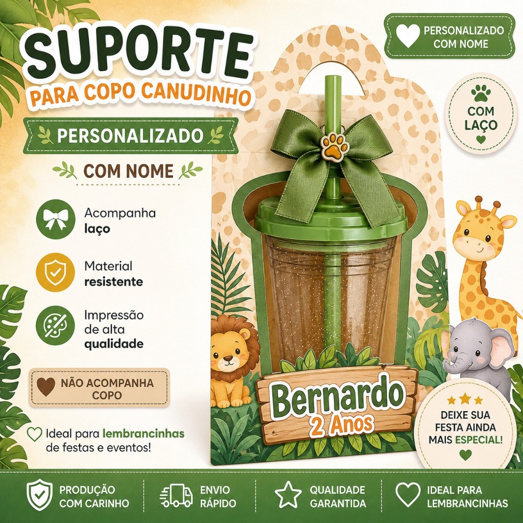 Suporte / Caixa para Copo Canudinho Personalizado Safari | Lembrancinha Infantil | Qualquer Tema