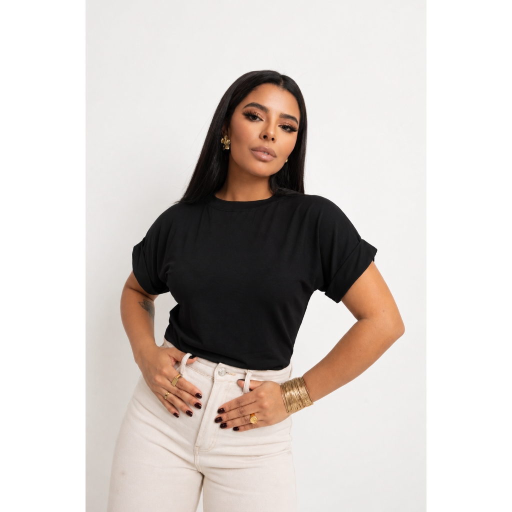 Blusa Canelada Feminina Ajustada Manga Curta Básica Confortável Moda Dia a Dia