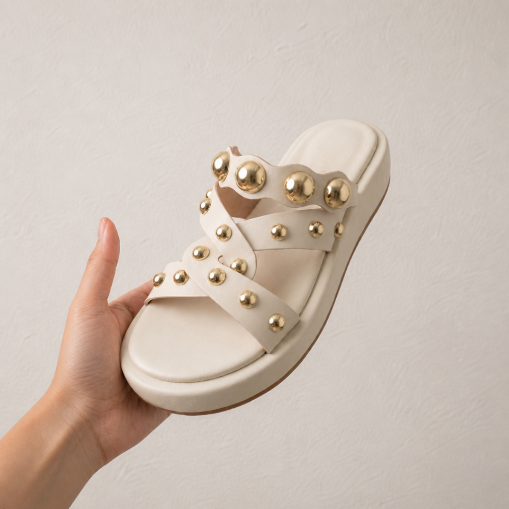 Sandália Papete Feminina Plataforma Baixa FlatForm Tiras Esferas Metálica Rasteira Confortável