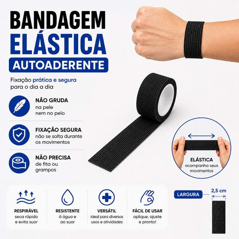 Bandagem Elástica Autoaderente Preta | Fita Para Pulso, Dedos e Academia | Não Gruda na Pele
