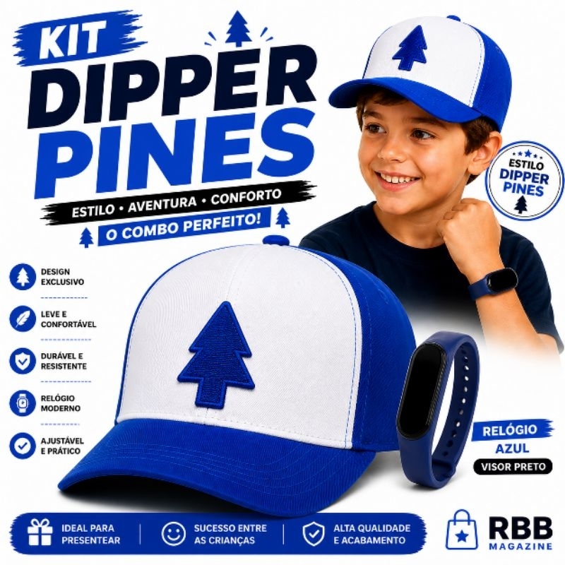 Boné Dipper Pines + Relógio Azul Infantil | Kit Completo Estilo Aventura
