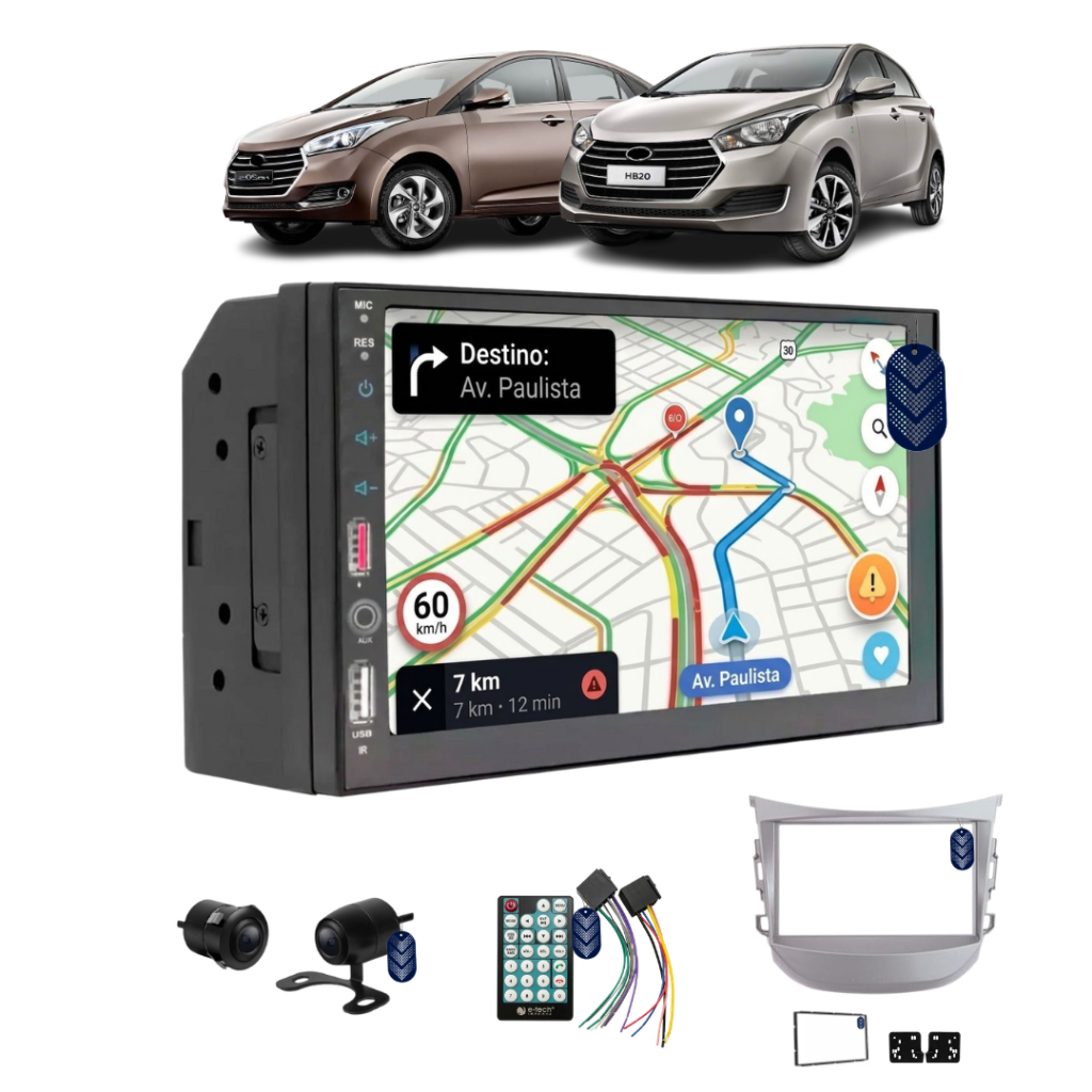 Central Multimidia Android Auto CarPlay Sem fio 7 Polegadas Prata HB20 2012 até 2019 Com Câmera De Ré