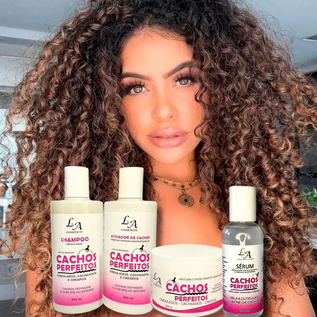 Combo Completo Ativador de Cachos Perfeitos Shampoo Condicionador Máscara Sérum reparador de pontas