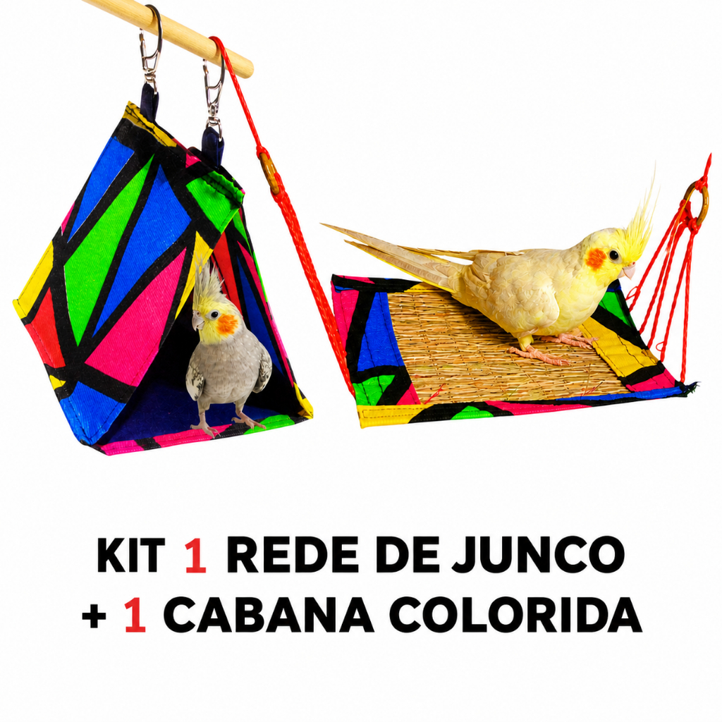 Kit Brinquedos Para Calopsita  Cabana Tenda + Redinha de Junco Para Gaiola Ring Neck Agapornis Passaros Aves