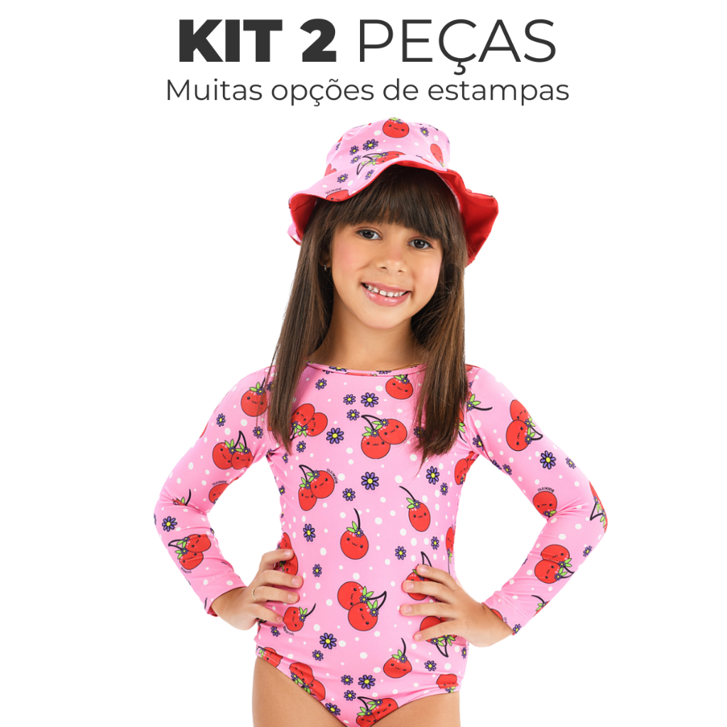 Conjunto Maiô Natação Infantil Biquíni Manga longa Proteção Solar Uv50 Chapéu Com Proteção UV50 Lote Body