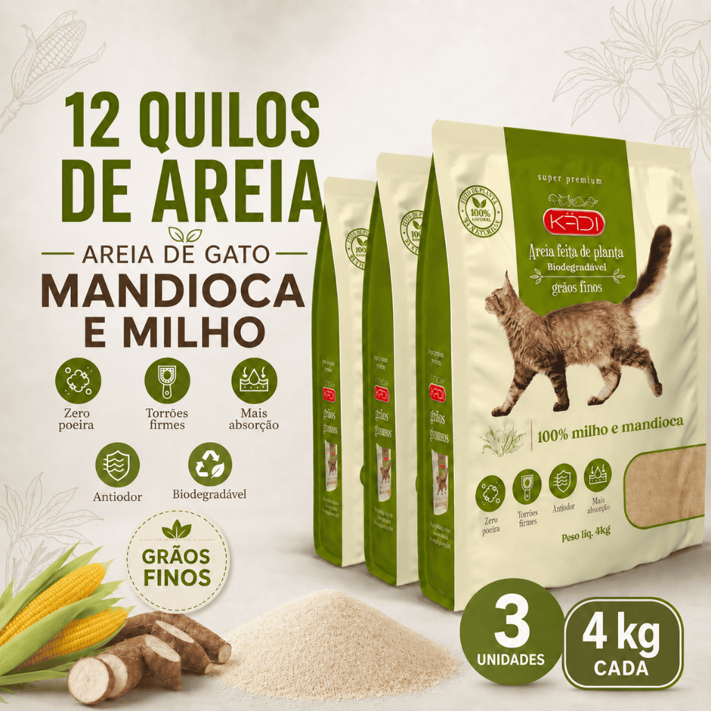 Areia Higiênica Natural Biodegradável de Grãos Finos de Milho e Mandioca para Gatos Kadi 12 kg