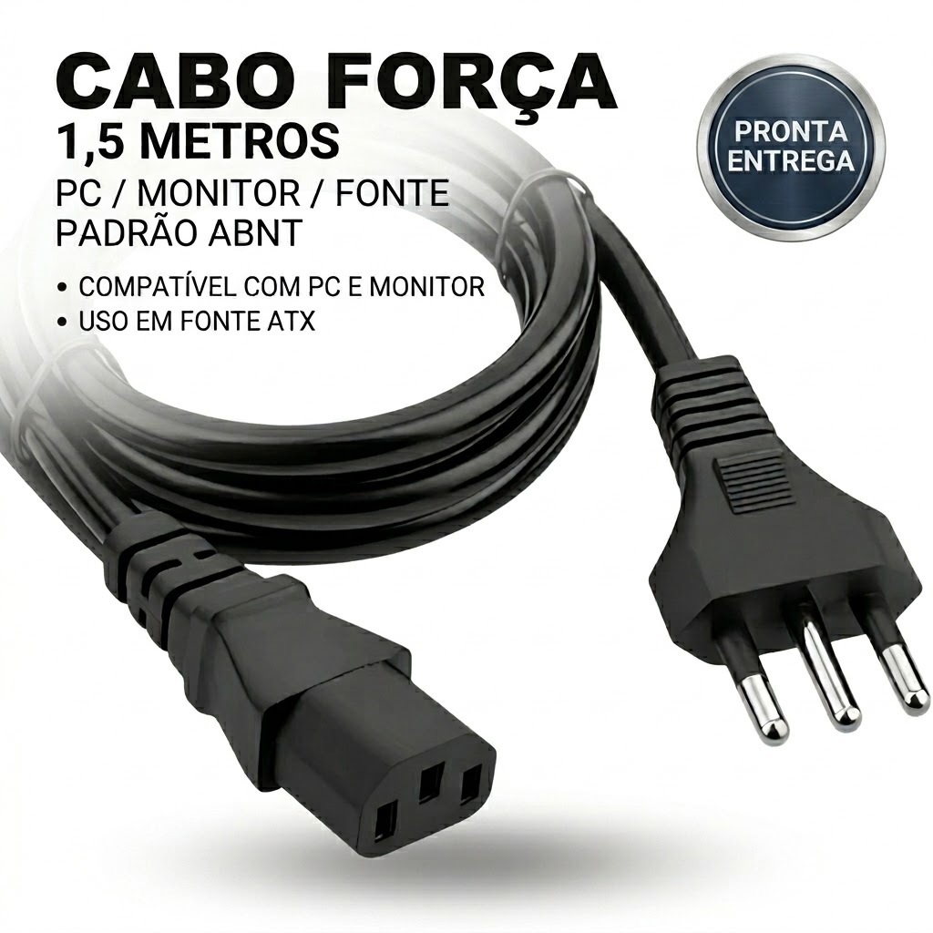 Cabo Força Tripolar 1,5m PC Monitor Fonte ATX Padrão ABNT Computador