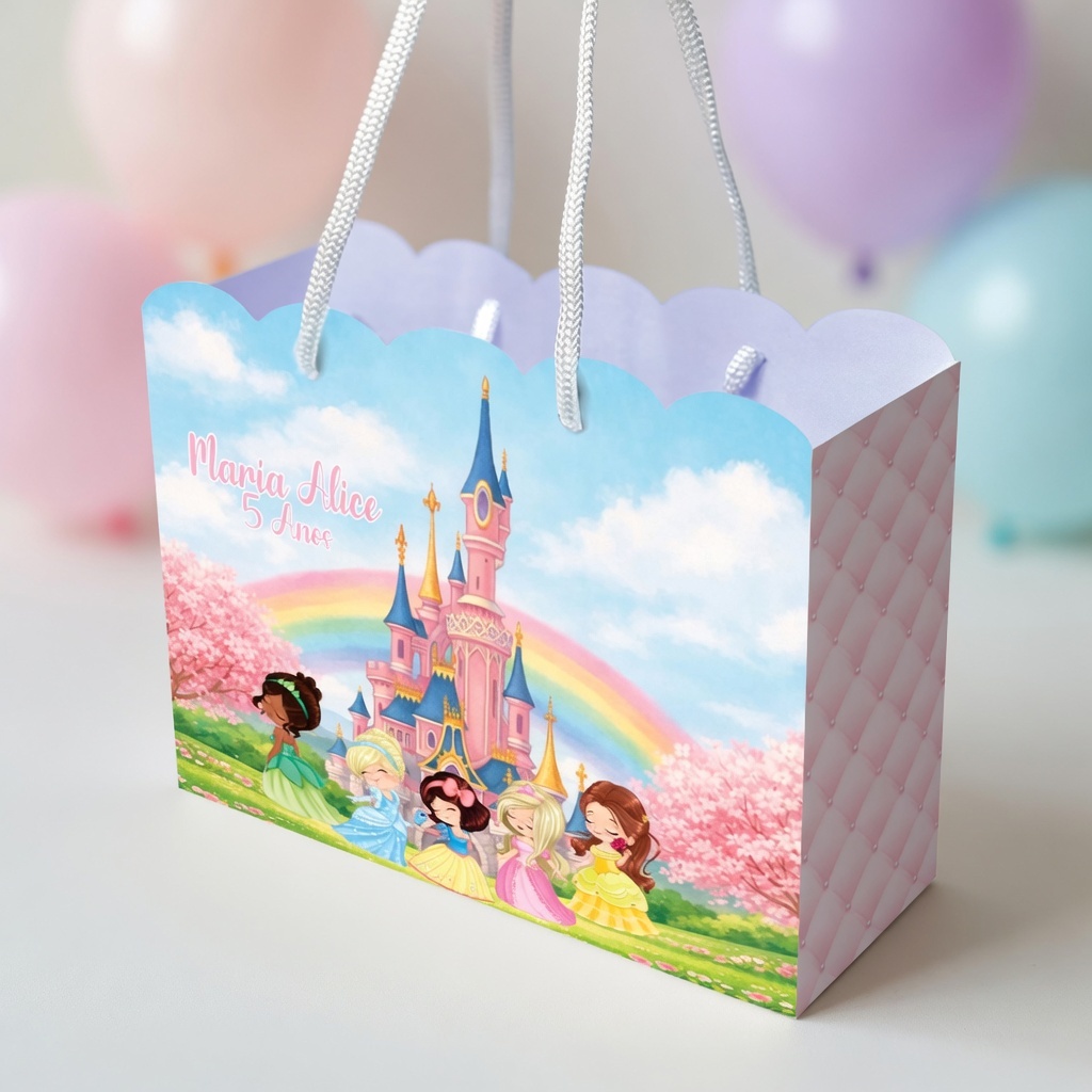 Sacola Personalizada Princesas | Sacolinha Personalizada | Kit com Alça e Pegue e Monte | Lembrancinha Festa