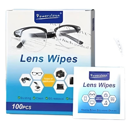Caixa Powerclean C/ 100 Peças Lenços Flanela Umedecidos Antiembaçante Limpa Lentes Óculos Câmera