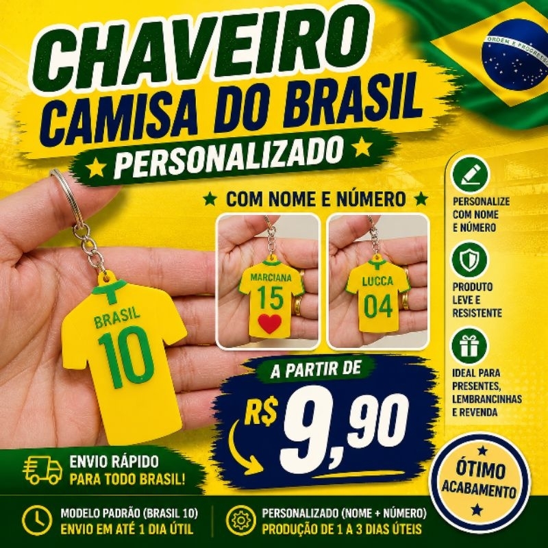 Chaveiro Camisa Brasil Personalizado Nome e Número Futebol | Seleção Brasileira Presente