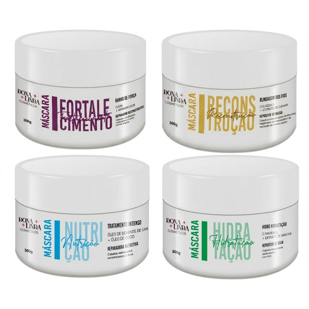 Kit 4 Máscaras Dona Linda 300g: Cronograma Capilar Hidratação Nutrição Reconstrução e Força