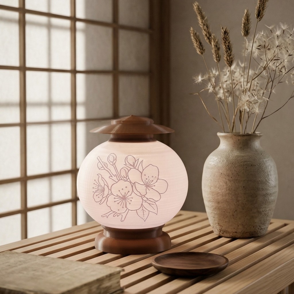 Imagem Luminária Abajur Japonesa Sakura Flor de Cerejeira | Decoração Zen Quarto Sala Luz Quente LED USB