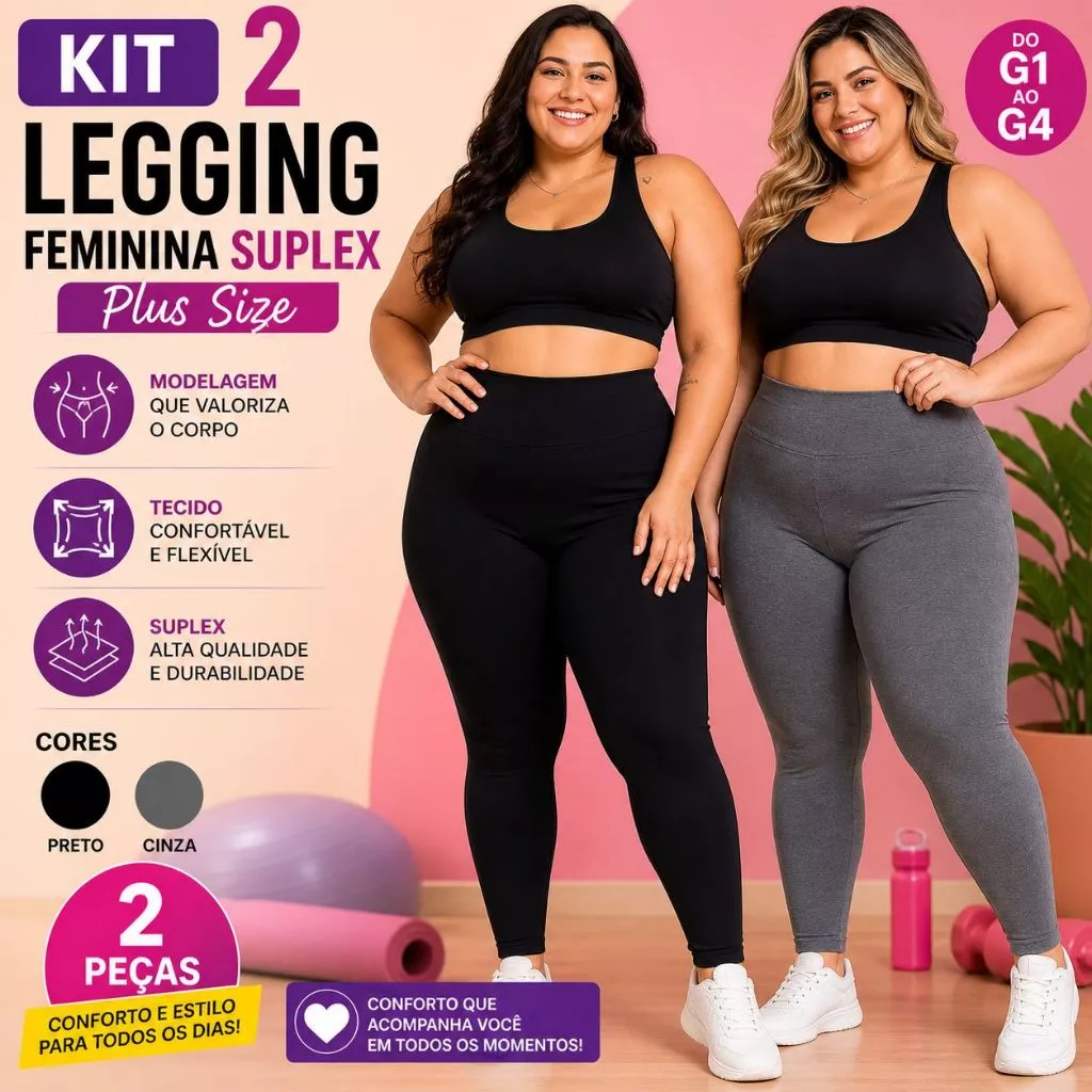 Kit 2 Calça Legging Feminina Grossa Plus Size Suplex Cós Alto Básica Academia Corrida Dia a Dia Não Embola Legue — imagem 1