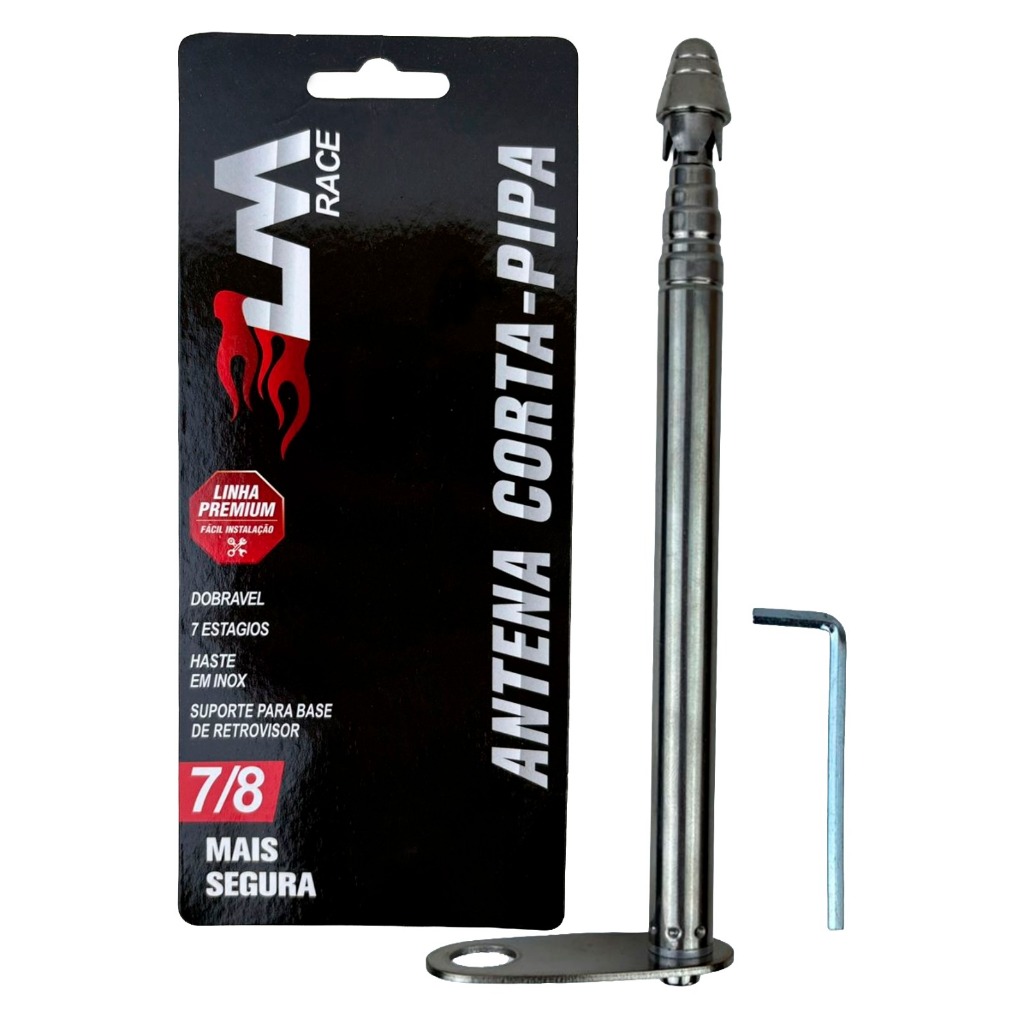 Antena Corta Pipa para Retrovisor Moto Retrátil com 7 estágios Anti Cerol Haste Inox cor Prata