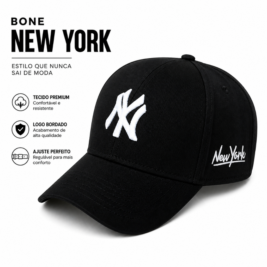Boné NY New York Bordado Premium Ajustável Aba Curva Unissex Dia a Dia