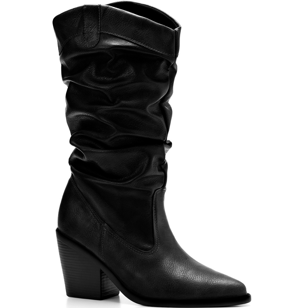 Bota Feminina Lumiss Cano Médio Texana Western Enrugada Slouchy Country Preto