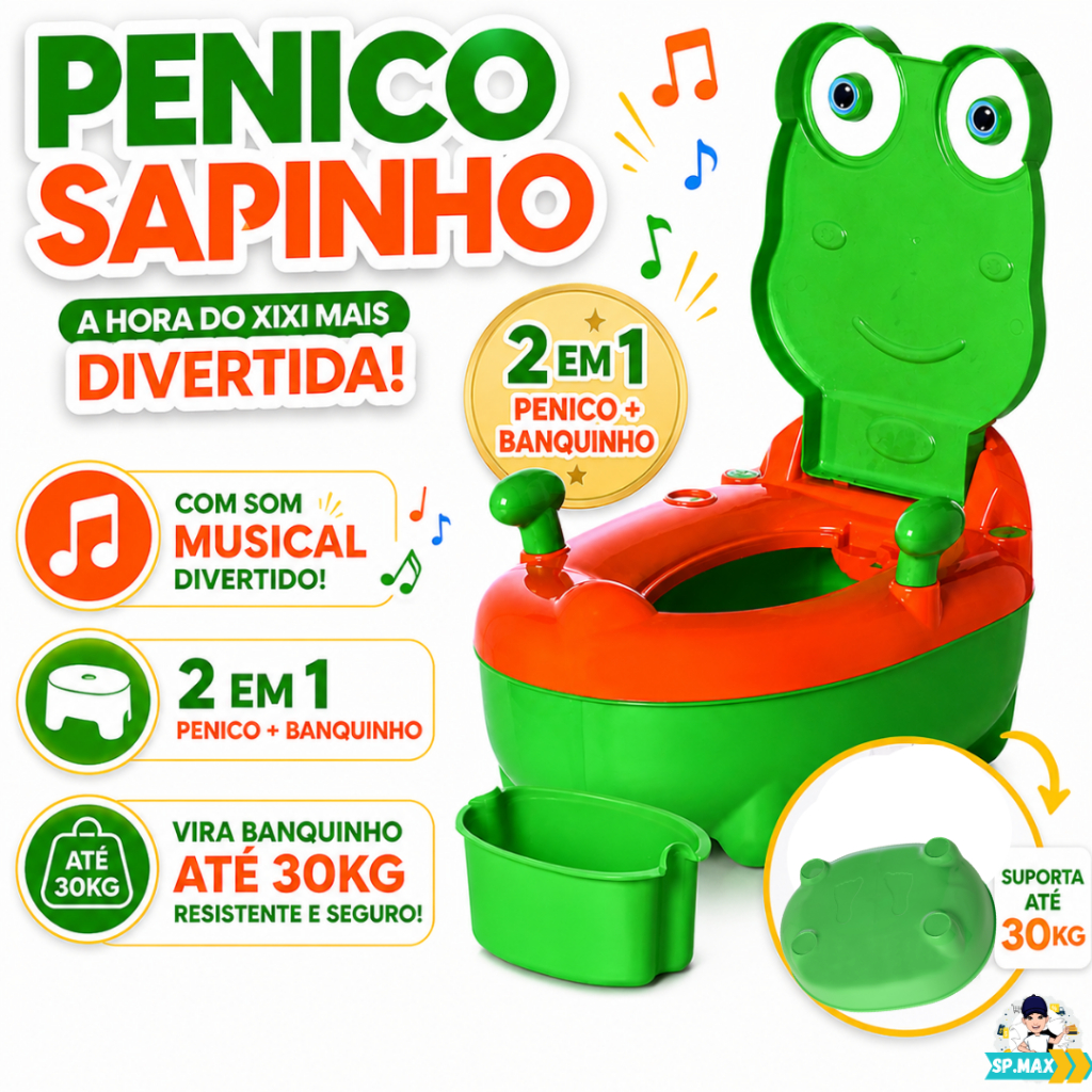 Troninho Musical (Desfralde) Banquinho ate 30Kg Penico Infantil Sapinho-Verde